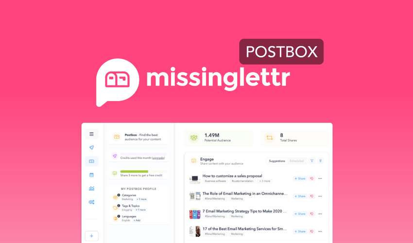Missinglettr postbox Lifetime Deal. Best Organic social sharing platform