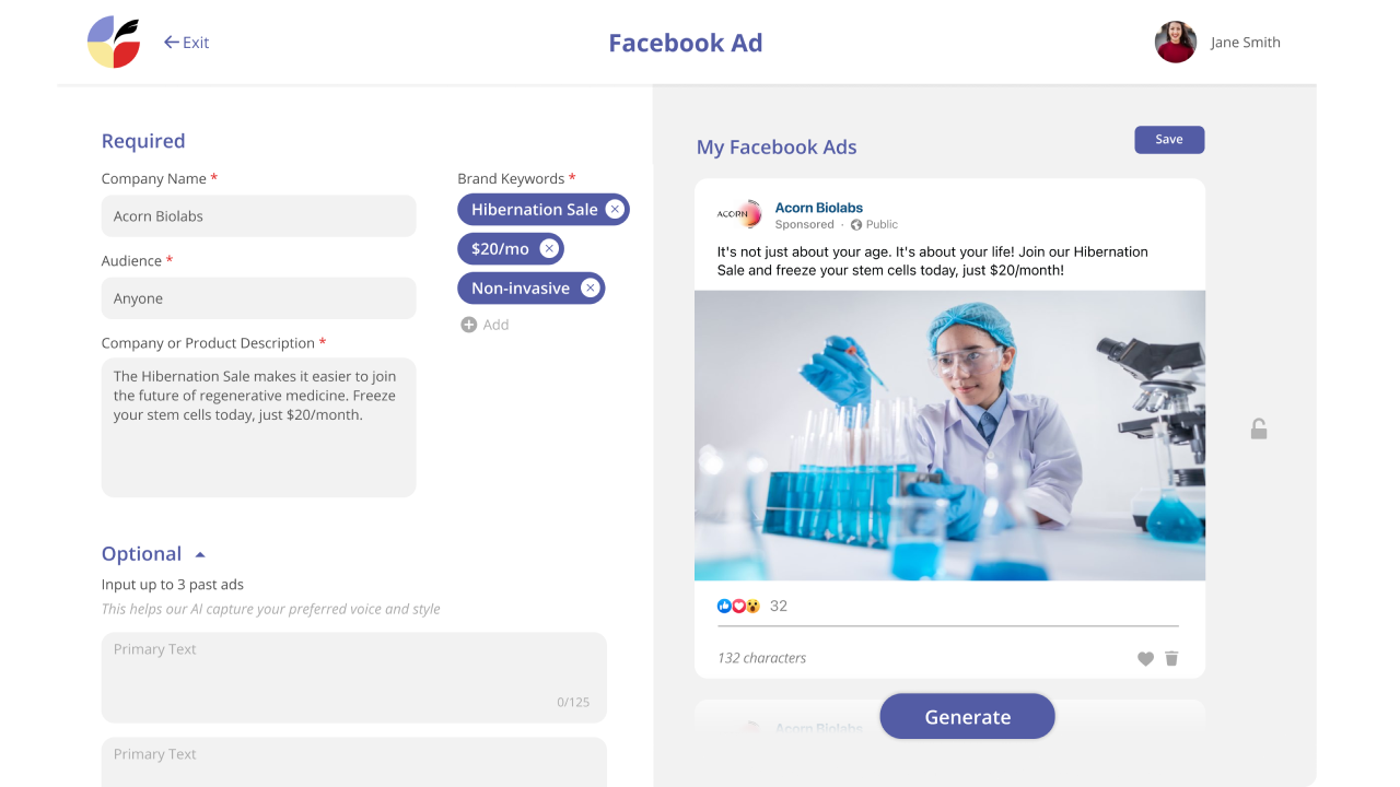 Generate Facebook ads and taglines at the touch of a button